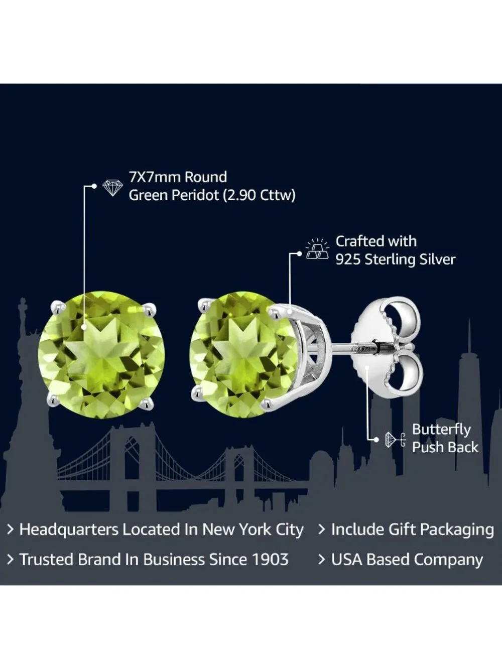 Women's Peridot 925 Sterling Silver Round Gemstone Birthstone Stud Earrings